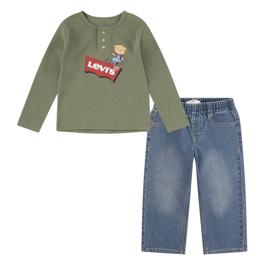 Image 1 of Long Sleeve Thermal Henley and Denim Two-Piece Outfit Set (Little Kids)