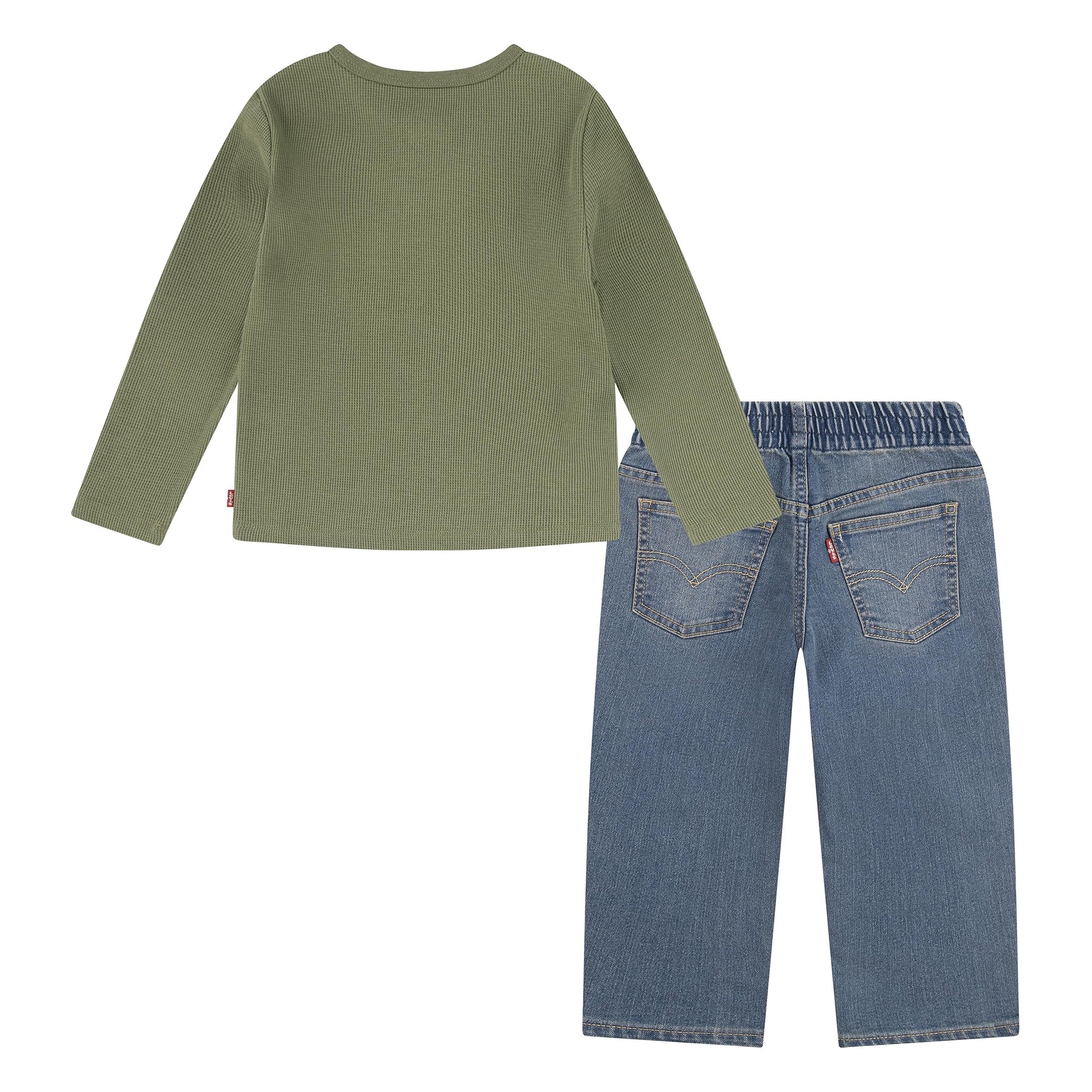 Image 2 of Long Sleeve Thermal Henley and Denim Two-Piece Outfit Set (Little Kids)